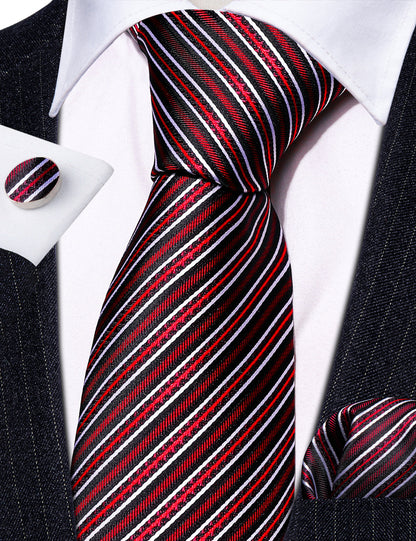 Black Red Classy Striped Silk Tie, Pocket Square and Cufflinks Set tie sets    - Sophisticated Gentlemen