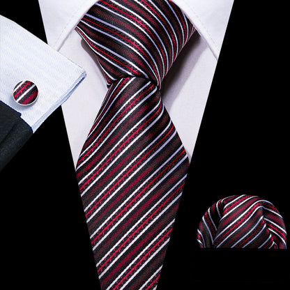 Black Red Classy Striped Silk Tie, Pocket Square and Cufflinks Set tie sets    - Sophisticated Gentlemen