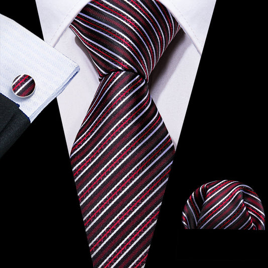 Black Red Classy Striped Silk Tie, Pocket Square and Cufflinks Set tie sets    - Sophisticated Gentlemen