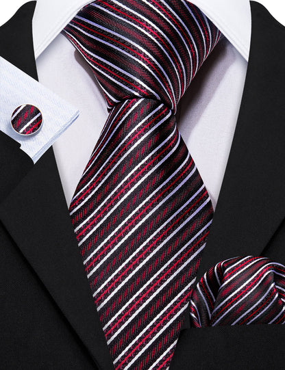 Black Red Classy Striped Silk Tie, Pocket Square and Cufflinks Set tie sets    - Sophisticated Gentlemen