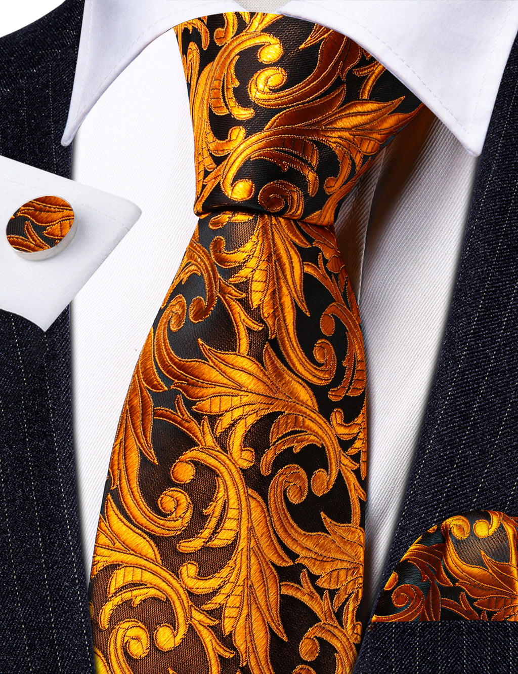 Gold Black Paisley Tie, Pocket Square and Cufflinks Set tie sets    - Sophisticated Gentlemen