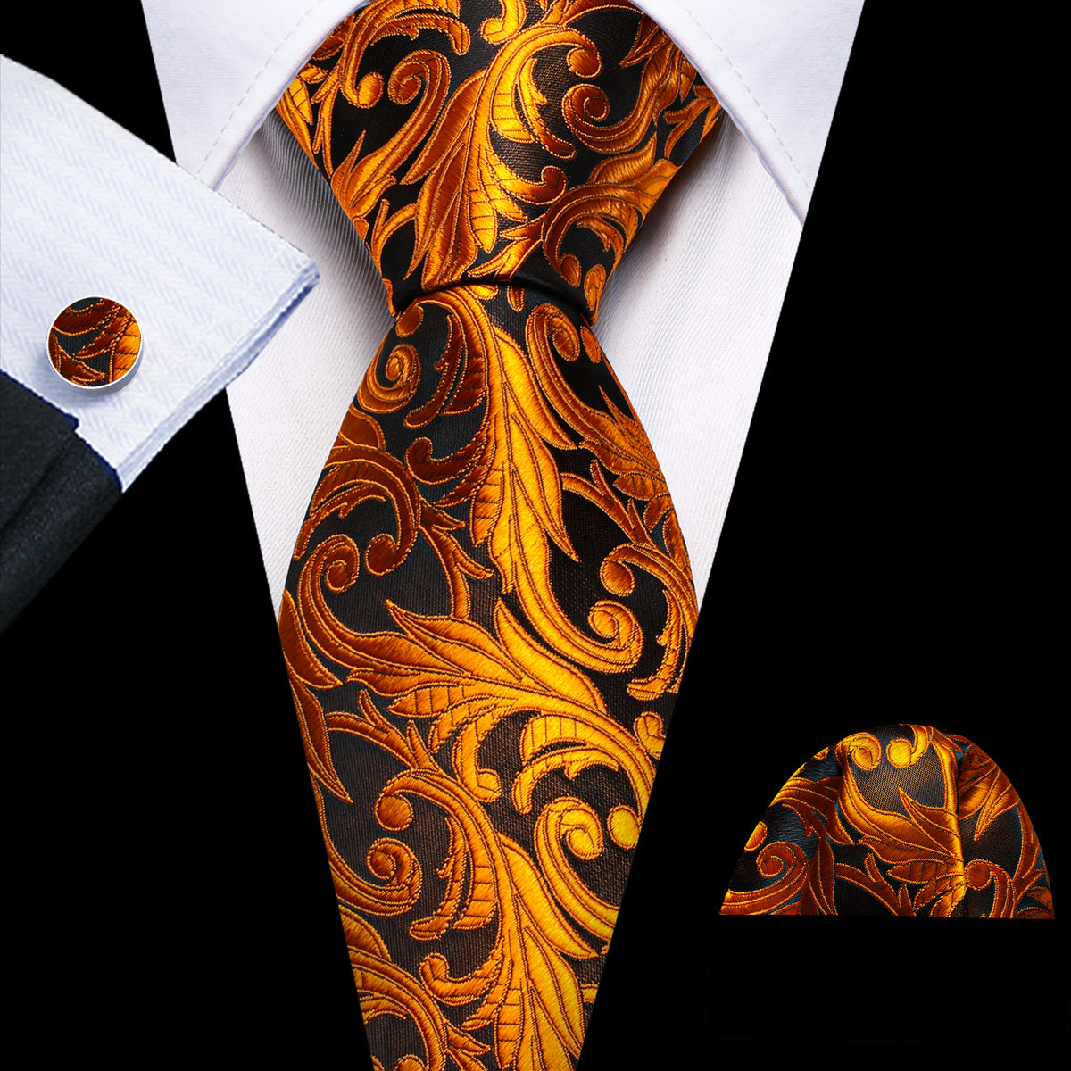 Gold Black Paisley Tie, Pocket Square and Cufflinks Set tie sets    - Sophisticated Gentlemen