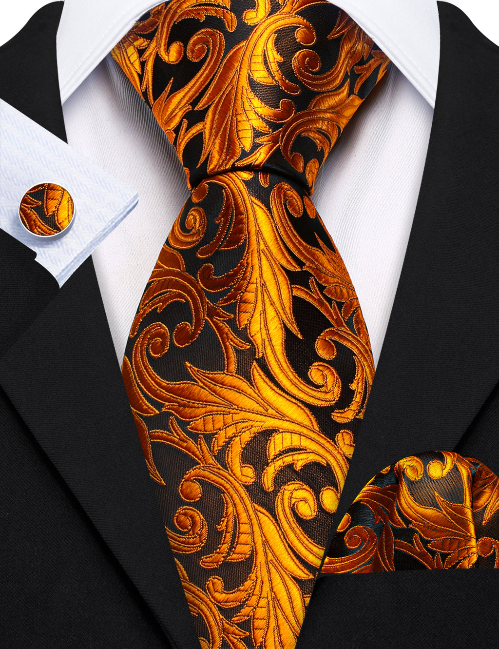 Gold Black Paisley Tie, Pocket Square and Cufflinks Set tie sets    - Sophisticated Gentlemen