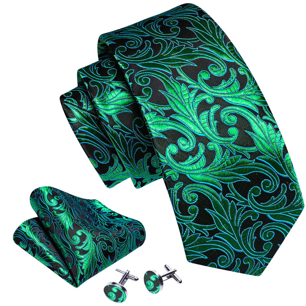 Green Black Paisley Tie, Pocket Square and Cufflinks Set tie sets    - Sophisticated Gentlemen