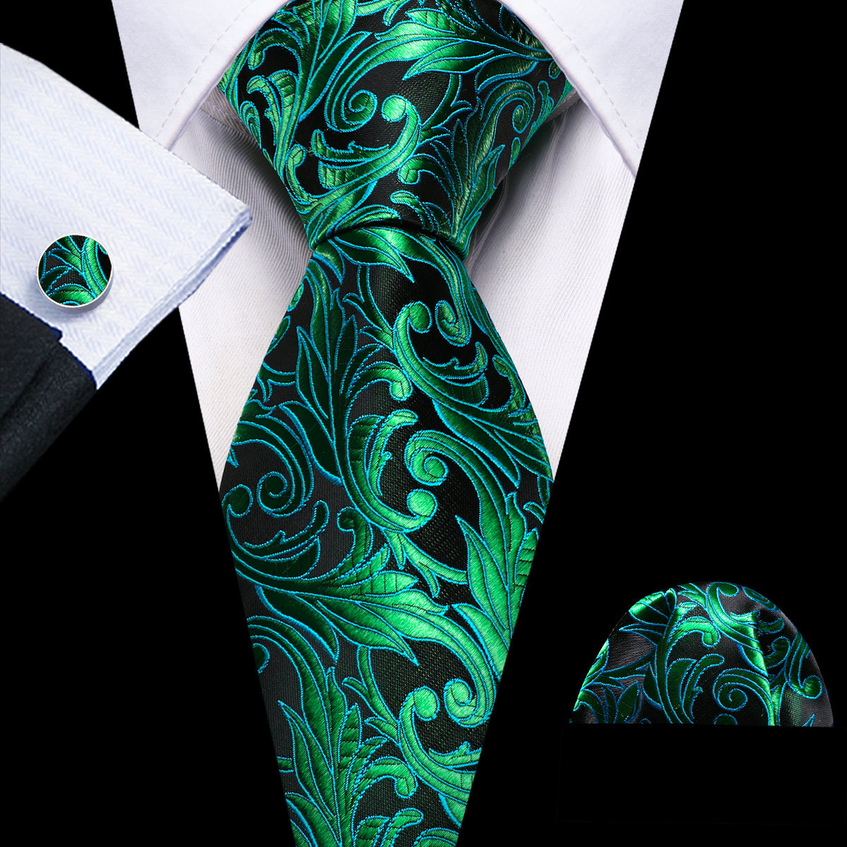 Green Black Paisley Tie, Pocket Square and Cufflinks Set tie sets    - Sophisticated Gentlemen