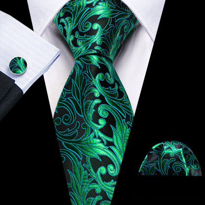 Green Black Paisley Tie, Pocket Square and Cufflinks Set tie sets    - Sophisticated Gentlemen