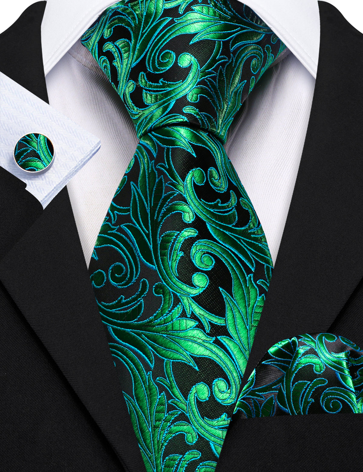 Green Black Paisley Tie, Pocket Square and Cufflinks Set tie sets    - Sophisticated Gentlemen