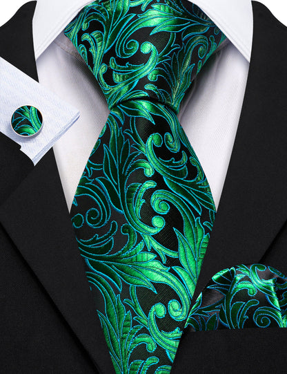 Green Black Paisley Tie, Pocket Square and Cufflinks Set tie sets    - Sophisticated Gentlemen