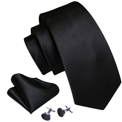 Black Solid Silk Tie, Pocket Square and Cufflinks Set tie sets    - Sophisticated Gentlemen