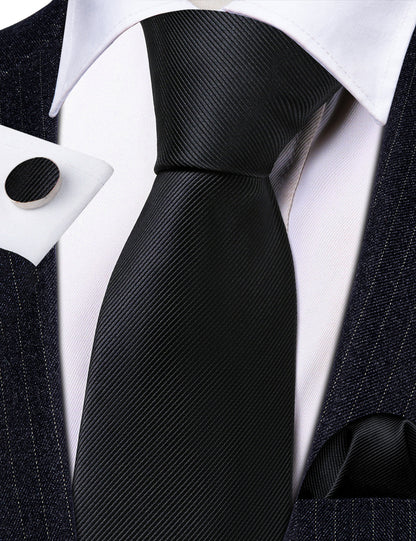 Black Solid Silk Tie, Pocket Square and Cufflinks Set tie sets    - Sophisticated Gentlemen
