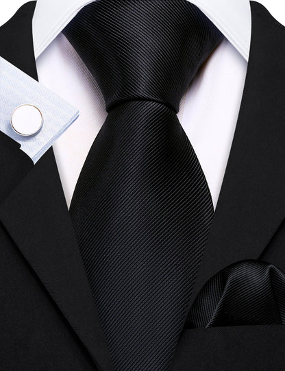 Black Solid Silk Tie, Pocket Square and Cufflinks Set tie sets    - Sophisticated Gentlemen