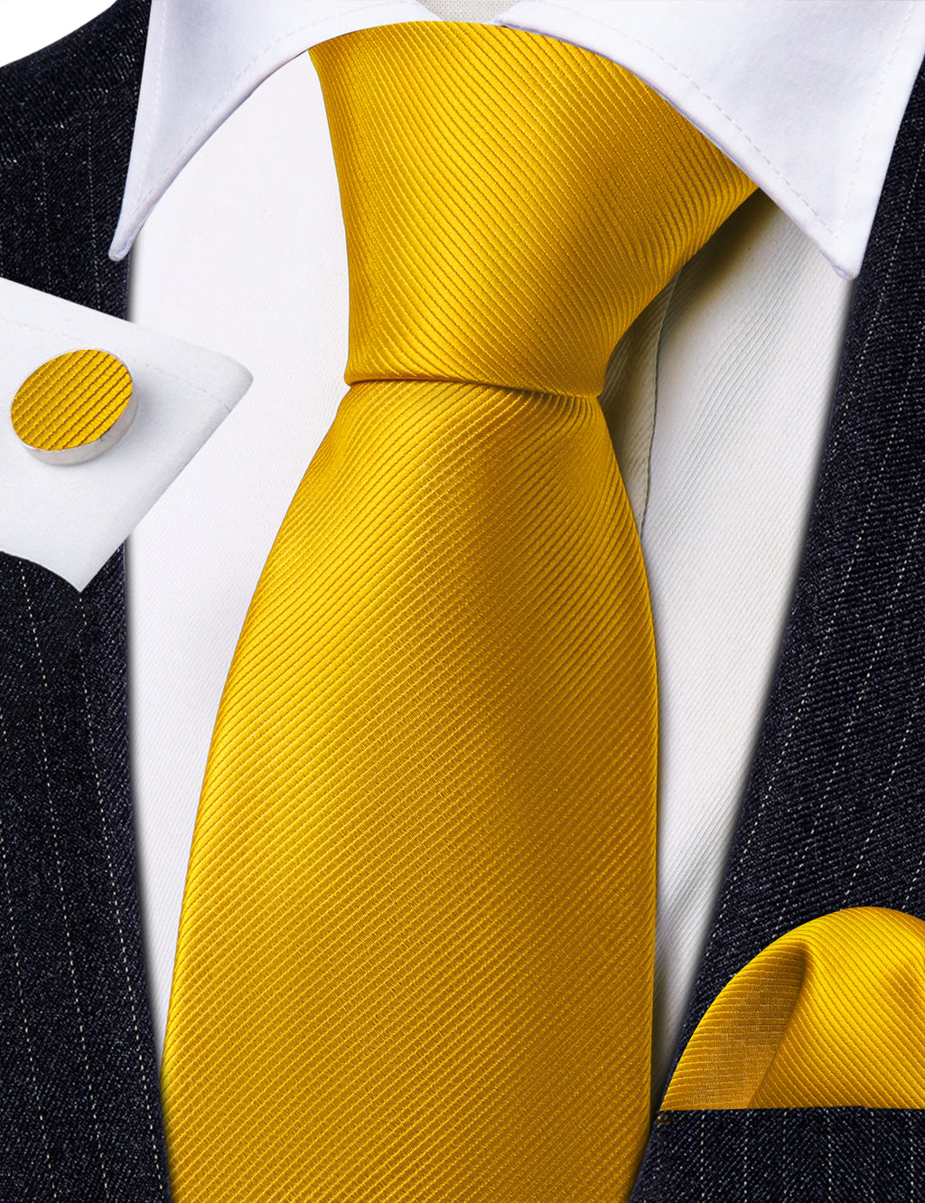 Gold Yellow Solid Silk Tie, Pocket Square and Cufflinks Set tie sets    - Sophisticated Gentlemen