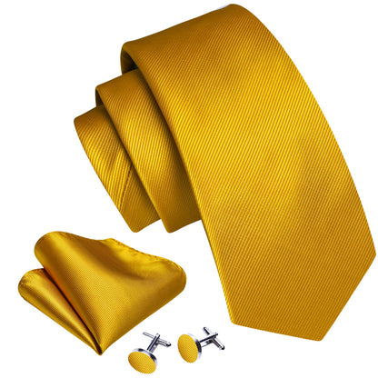 Gold Yellow Solid Silk Tie, Pocket Square and Cufflinks Set tie sets    - Sophisticated Gentlemen