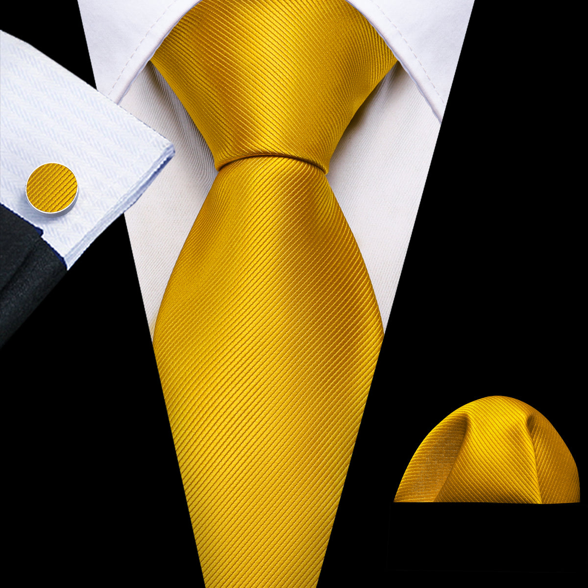 Gold Yellow Solid Silk Tie, Pocket Square and Cufflinks Set tie sets    - Sophisticated Gentlemen