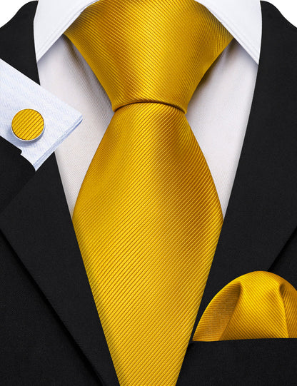 Gold Yellow Solid Silk Tie, Pocket Square and Cufflinks Set tie sets    - Sophisticated Gentlemen