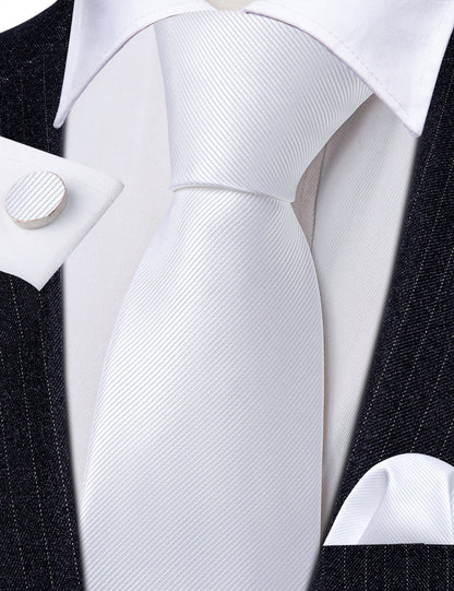 White Solid Silk Tie, Pocket Square and Cufflinks Set tie sets    - Sophisticated Gentlemen