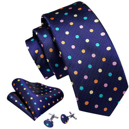 Blue Pink Yellow Polka Dot Silk Tie, Pocket Square and Cufflinks Set tie sets    - Sophisticated Gentlemen