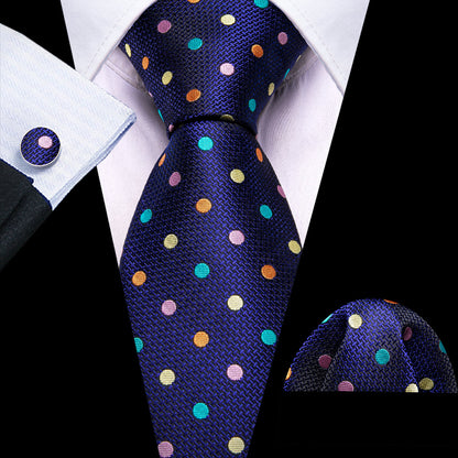 Blue Pink Yellow Polka Dot Silk Tie, Pocket Square and Cufflinks Set tie sets    - Sophisticated Gentlemen