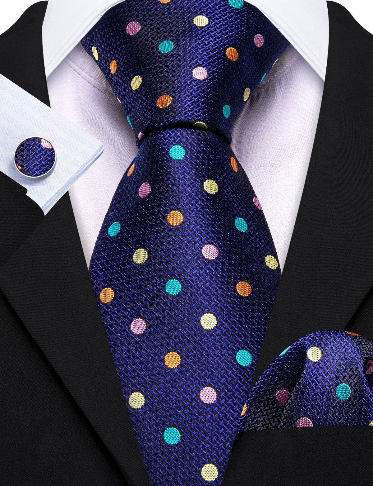 Blue Pink Yellow Polka Dot Silk Tie, Pocket Square and Cufflinks Set tie sets    - Sophisticated Gentlemen