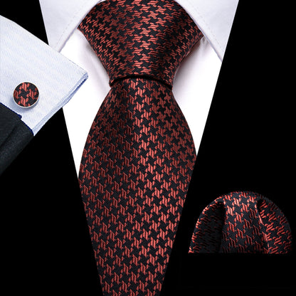 Brown Geometric Silk Tie, Pocket Square and Cufflinks Set tie sets    - Sophisticated Gentlemen