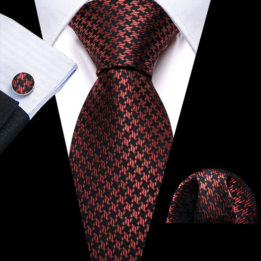 Brown Geometric Silk Tie, Pocket Square and Cufflinks Set tie sets    - Sophisticated Gentlemen