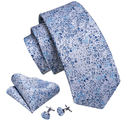 Light Blue Floral Silk Tie, Pocket Square and Cufflinks Set tie sets    - Sophisticated Gentlemen