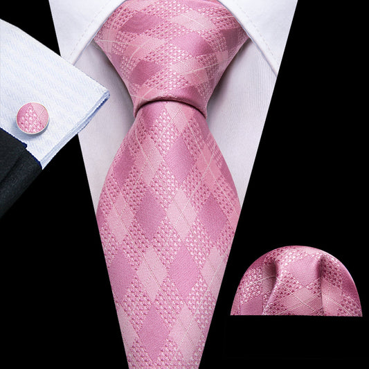 Pink Plaid Silk Tie, Pocket Square and Cufflinks Set tie sets    - Sophisticated Gentlemen