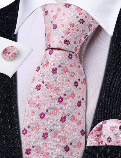 Light Pink Flower Print Silk Tie, Pocket Square and Cufflinks Set tie sets    - Sophisticated Gentlemen