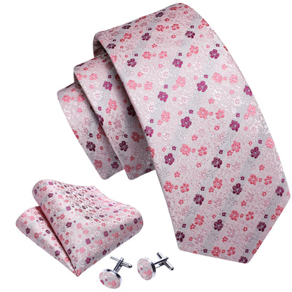 Light Pink Flower Print Silk Tie, Pocket Square and Cufflinks Set tie sets    - Sophisticated Gentlemen