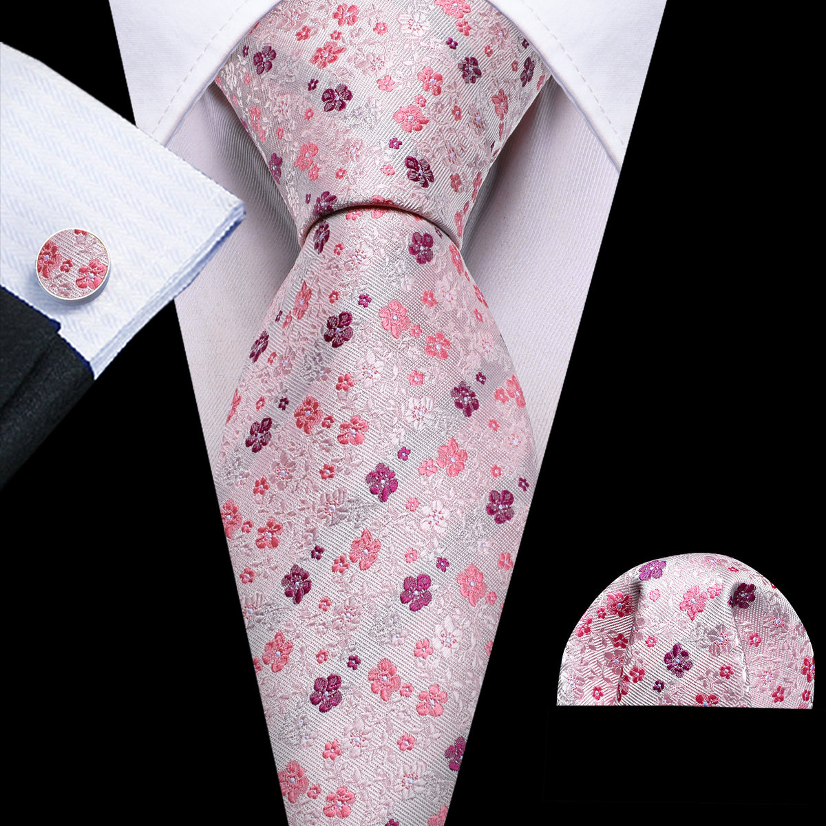 Light Pink Flower Print Silk Tie, Pocket Square and Cufflinks Set tie sets    - Sophisticated Gentlemen