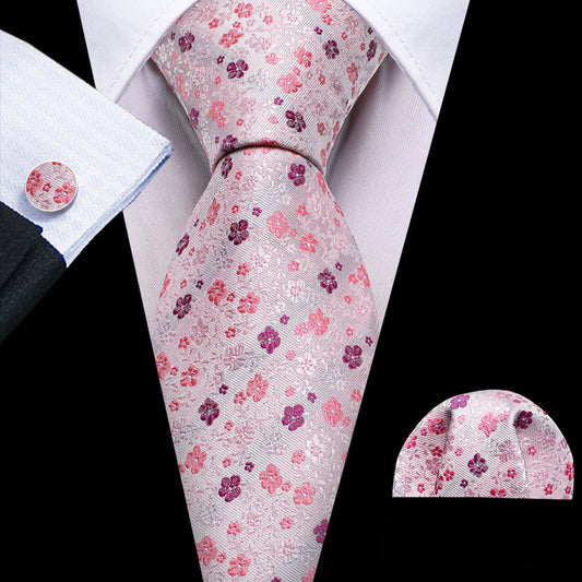 Light Pink Flower Print Silk Tie, Pocket Square and Cufflinks Set tie sets    - Sophisticated Gentlemen