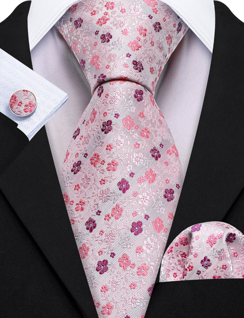 Light Pink Flower Print Silk Tie, Pocket Square and Cufflinks Set tie sets    - Sophisticated Gentlemen
