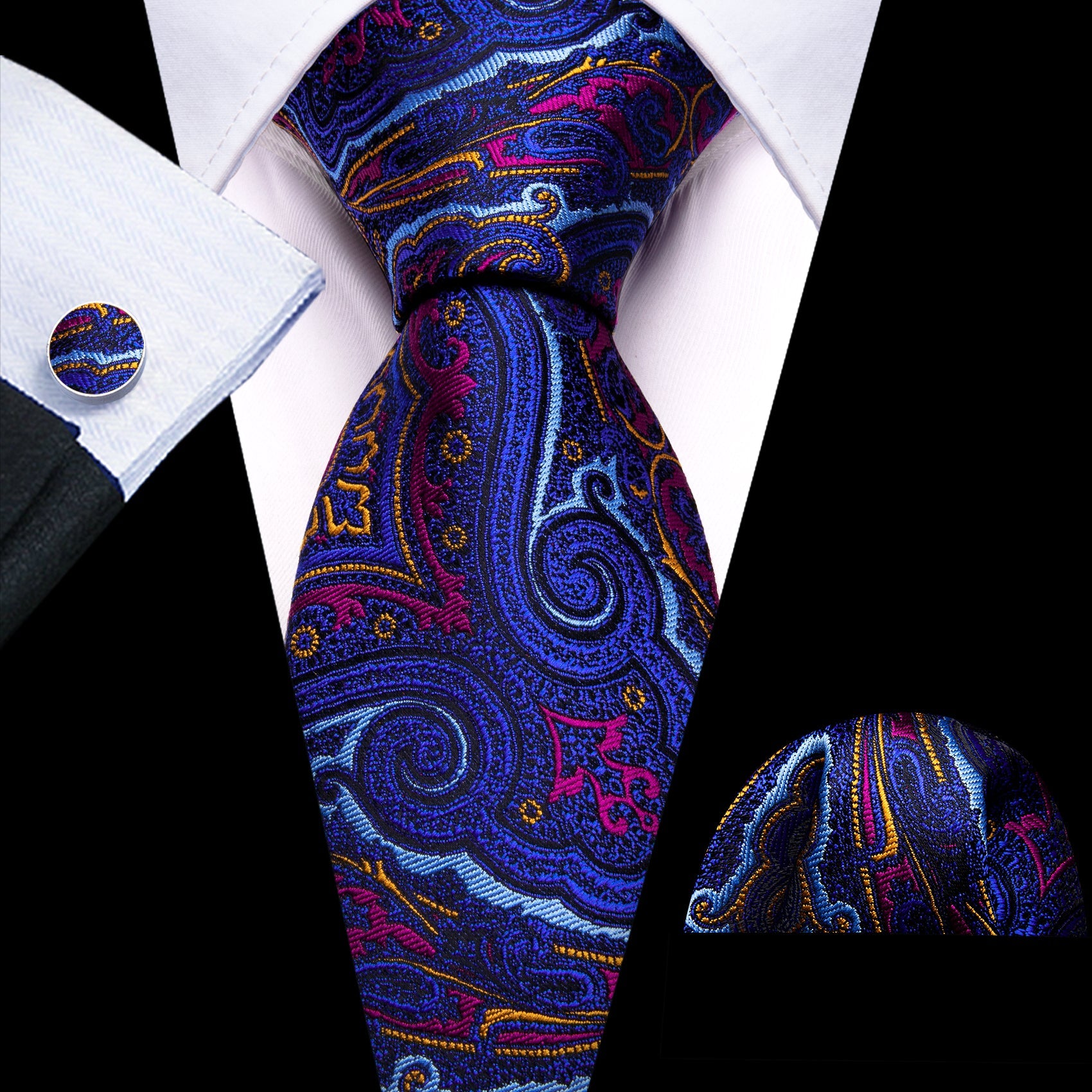 Blue, Orange and Pink Paisley Silk Tie, Pocket Square and Cufflinks tie sets Default Title - Sophisticated Gentlemen
