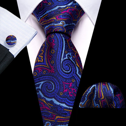 Blue, Orange and Pink Paisley Silk Tie, Pocket Square and Cufflinks tie sets Default Title - Sophisticated Gentlemen