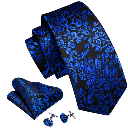 Black Blue Floral Silk Tie, Pocket Square and Cufflinks Set tie sets    - Sophisticated Gentlemen