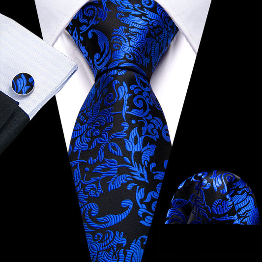 Black Blue Floral Silk Tie, Pocket Square and Cufflinks Set tie sets    - Sophisticated Gentlemen