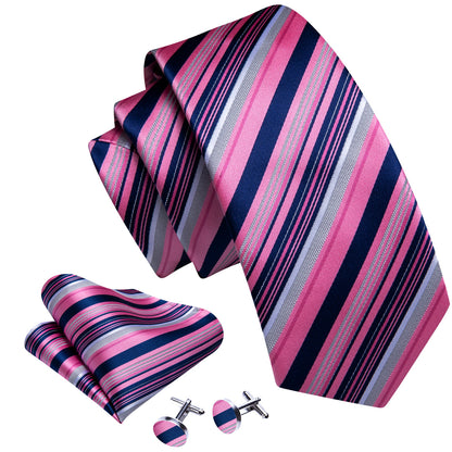 Pink Lilac Blue Striped Silk Tie, Pocket Square and Cufflinks Set tie sets    - Sophisticated Gentlemen