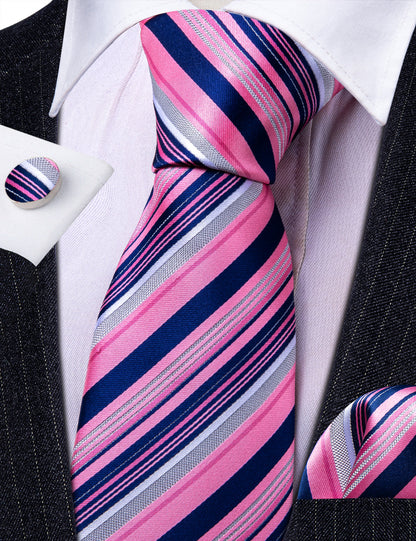 Pink Lilac Blue Striped Silk Tie, Pocket Square and Cufflinks Set tie sets    - Sophisticated Gentlemen