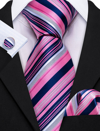 Pink Lilac Blue Striped Silk Tie, Pocket Square and Cufflinks Set tie sets    - Sophisticated Gentlemen