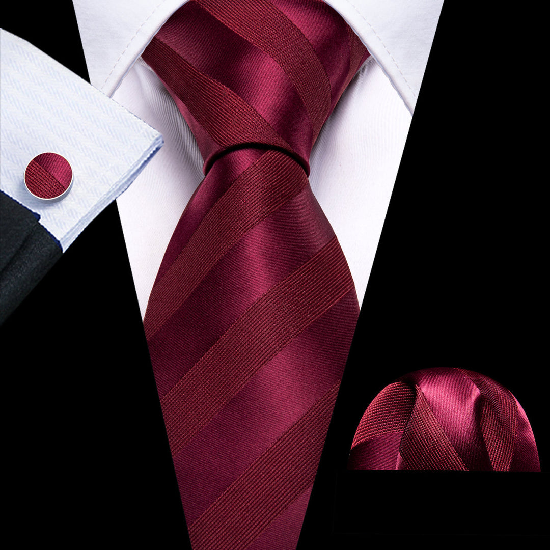 Burgundy Red Striped Tie, Pocket Square and Cufflinks Set tie sets    - Sophisticated Gentlemen