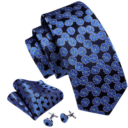 Blue Flower Floral Silk Tie, Pocket Square and Cufflinks Set tie sets    - Sophisticated Gentlemen