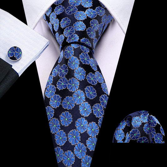Blue Flower Floral Silk Tie, Pocket Square and Cufflinks Set tie sets    - Sophisticated Gentlemen