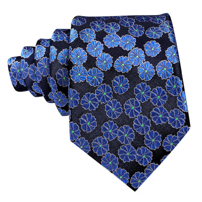 Blue Flower Floral Silk Tie, Pocket Square and Cufflinks Set tie sets    - Sophisticated Gentlemen