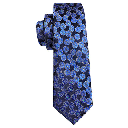 Blue Flower Floral Silk Tie, Pocket Square and Cufflinks Set tie sets    - Sophisticated Gentlemen