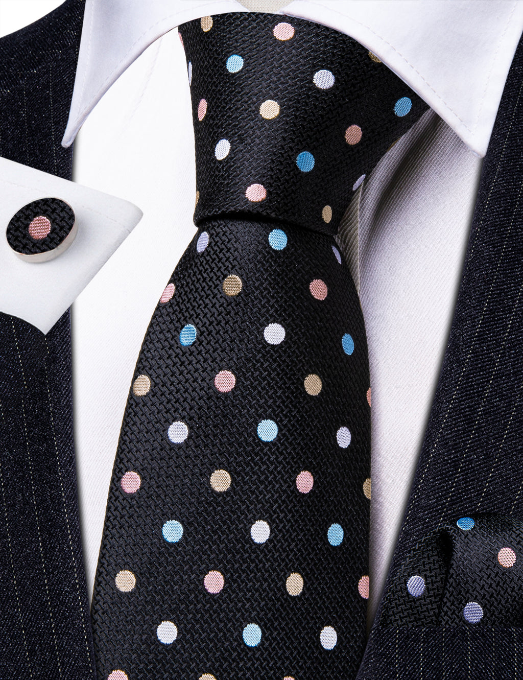Black Colorful Polka Dots Silk Tie, Pocket Square and Cufflinks Set tie sets    - Sophisticated Gentlemen