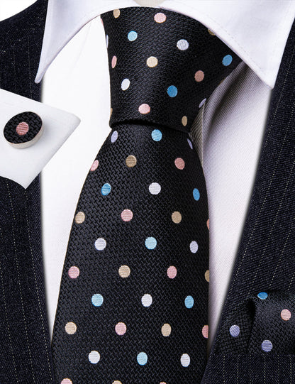 Black Colorful Polka Dots Silk Tie, Pocket Square and Cufflinks Set tie sets    - Sophisticated Gentlemen