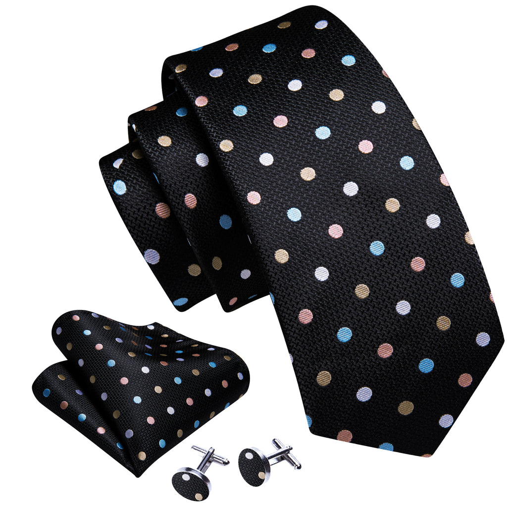 Black Colorful Polka Dots Silk Tie, Pocket Square and Cufflinks Set tie sets    - Sophisticated Gentlemen