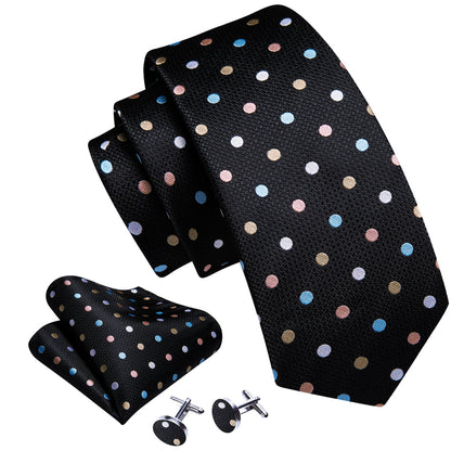 Black Colorful Polka Dots Silk Tie, Pocket Square and Cufflinks Set tie sets    - Sophisticated Gentlemen