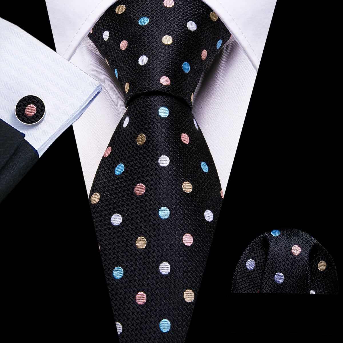 Black Colorful Polka Dots Silk Tie, Pocket Square and Cufflinks Set tie sets    - Sophisticated Gentlemen