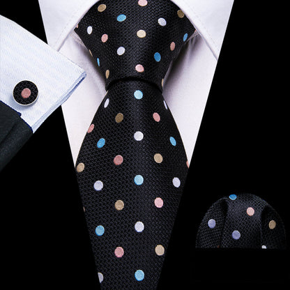 Black Colorful Polka Dots Silk Tie, Pocket Square and Cufflinks Set tie sets    - Sophisticated Gentlemen